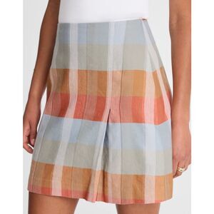 NWT Madewell Women's Sz 4 Single-Pleat Linen Mini Skirt Blue Orange Plaid Preppy